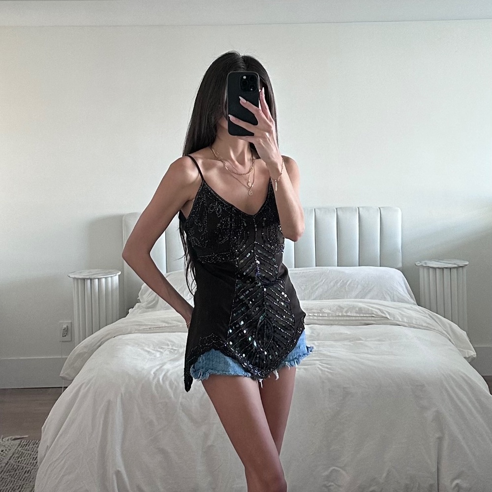 Vintage Brown Beaded Embellished Camisole Tank